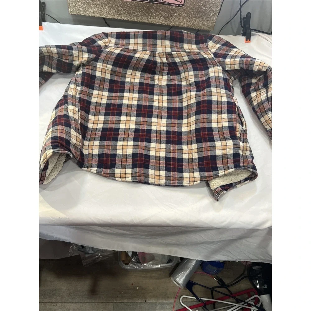 Children's Place Button Up Sherpa Sz XXL 16 Maroon Plaid Pockets Long Sleevewarm